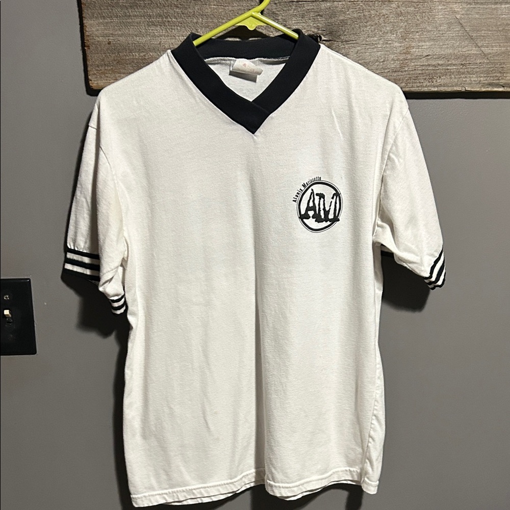 Y2K Vintage Alanis Morissette  White V-Neck Short Sleeve Shirt with Black Trim